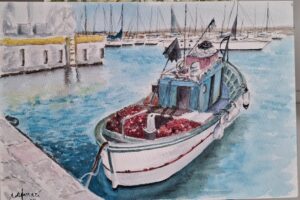 " Al molo"In questo lavoro mi è  piaciuto rappresentare questo peschereccio solitario, ormeggiato nel porto di Sanremo, pronto per la battuta di pesca