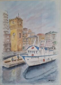 " Storia di ieri, storie di oggi"" In un" unica immagine si associa la Torretta, simbolo della storia di Savona,  al peschereccio , agli edifici e alle persone sulla banchina  che rappresentano alcuni momenti attuali della vita della città "